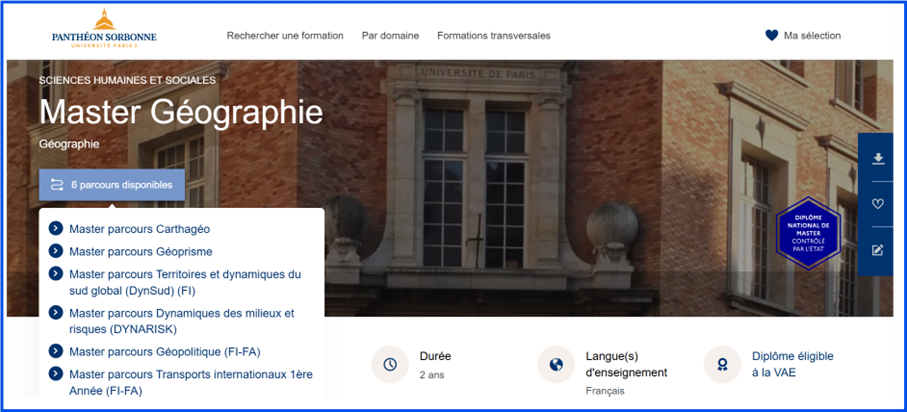 capture écran Master Géorgraphie qui indique les différents parcours disponibles