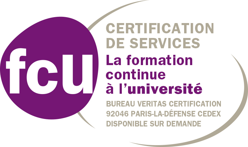 Logo FCU, certification de services, la formation continue à l'université, Bureau Veritas certification 92046 Paris-La Défense Cedex, disponible sur demande